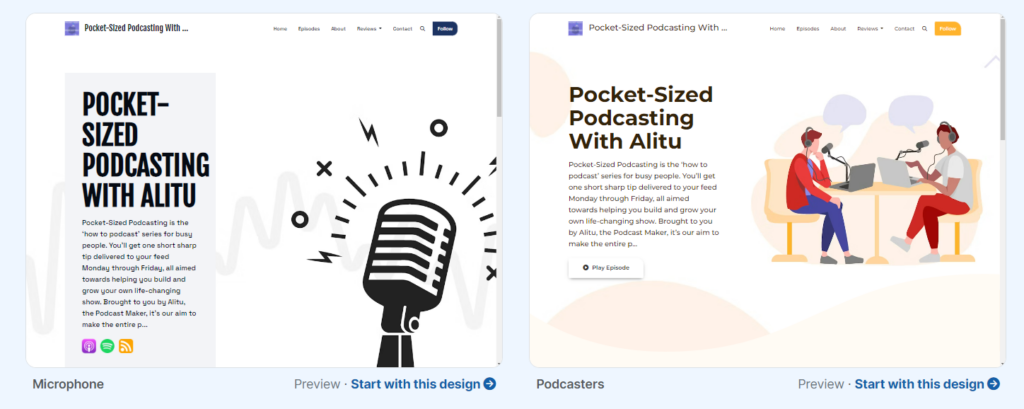 Picking a podcast website template on Podpage