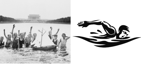 Left: Kids swimming in the reflecting pool in front of the Lincoln Memorial, July 7, 1926. Source: Library of Congress. Right: Clip art of a swimmer. Source: Freepik. 