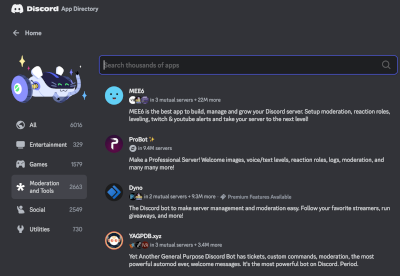 Screenshot of Discord's app directory, with listings of thousands of bots that assist with moderation and security.