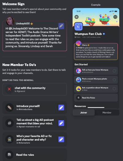 Preview of the welcome screen that assists new members of your Discord community with onboarding.