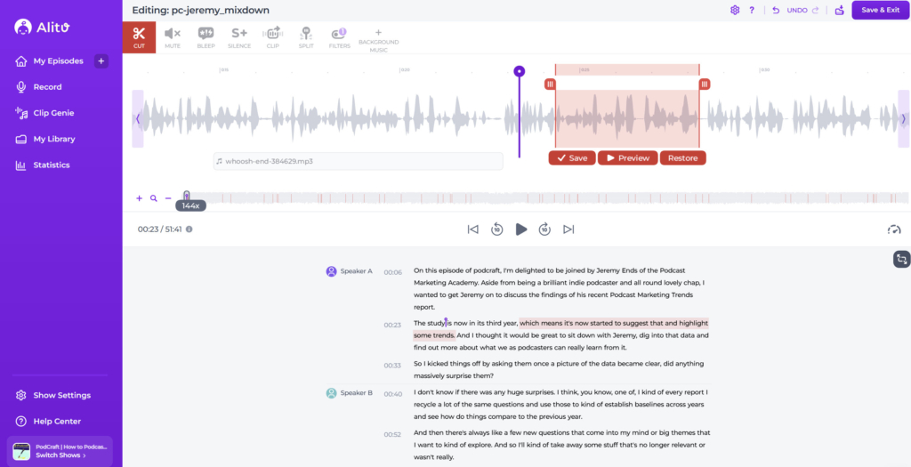 alitu's audio editor at work