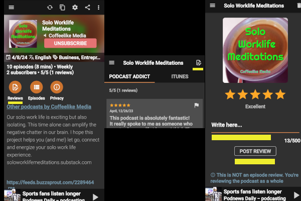 How to review a podcast on Podcast Addict, screenshots