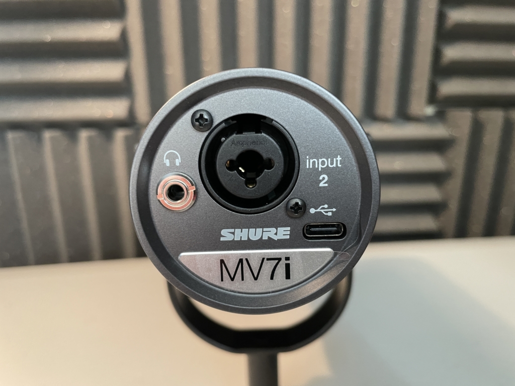 the bottom of the Shure MV7i with its XLR input