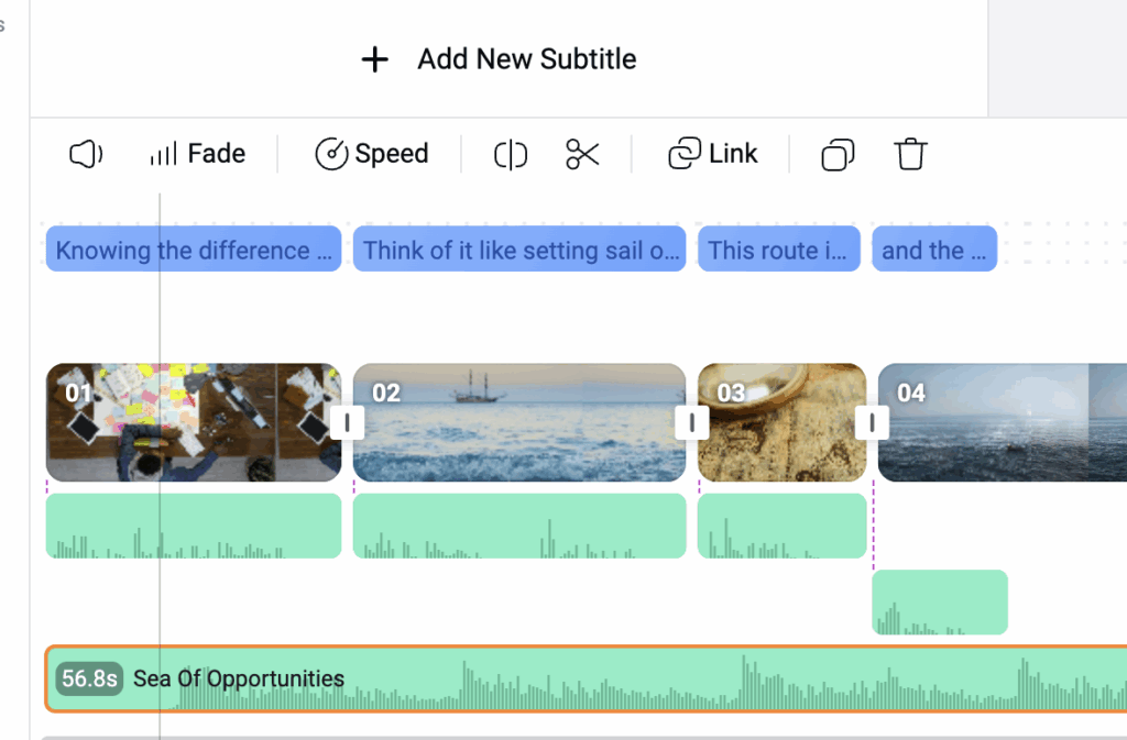 FlexClip's video editing interface has a timeline at the bottom of the screen where you can adjust the video clips, music, and dialogue elements. 