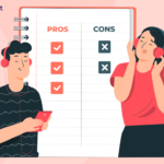 two people with headphones weighing pros and cons