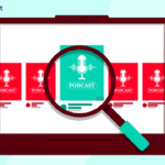 magnifying glass looking at carousel of podcasts