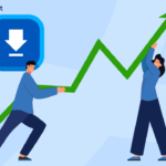 two people holding ascending line graph with download icon in background