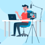 man creating a podcast with video podcast recording in foreground