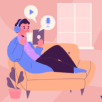 person sitting on a sofa listening to different podcasts