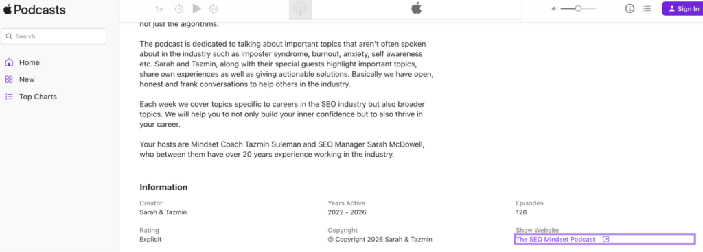 a link to the SEO Mindset Podcast from the Apple Podcasts directory